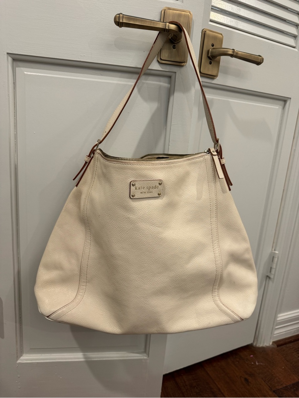 kate spade Cream Pebbled Leather Shoulder Bag with Tan Trim